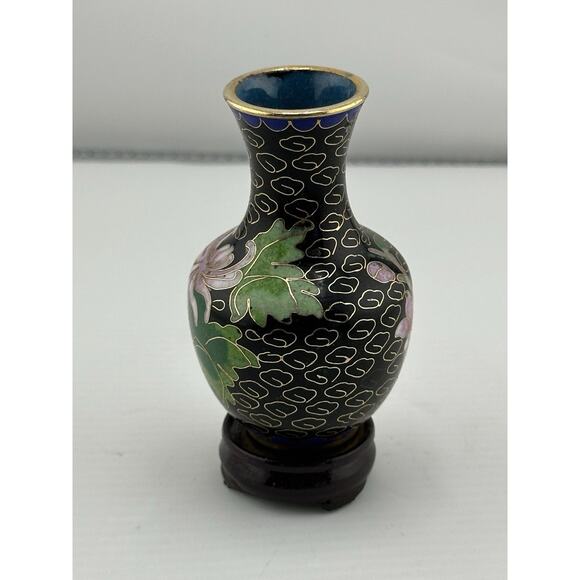 Vintage Mini Chinese Enameled Cloisonne Vase w/ Stand 3 inch Black Floral Blue - Picture 2 of 7